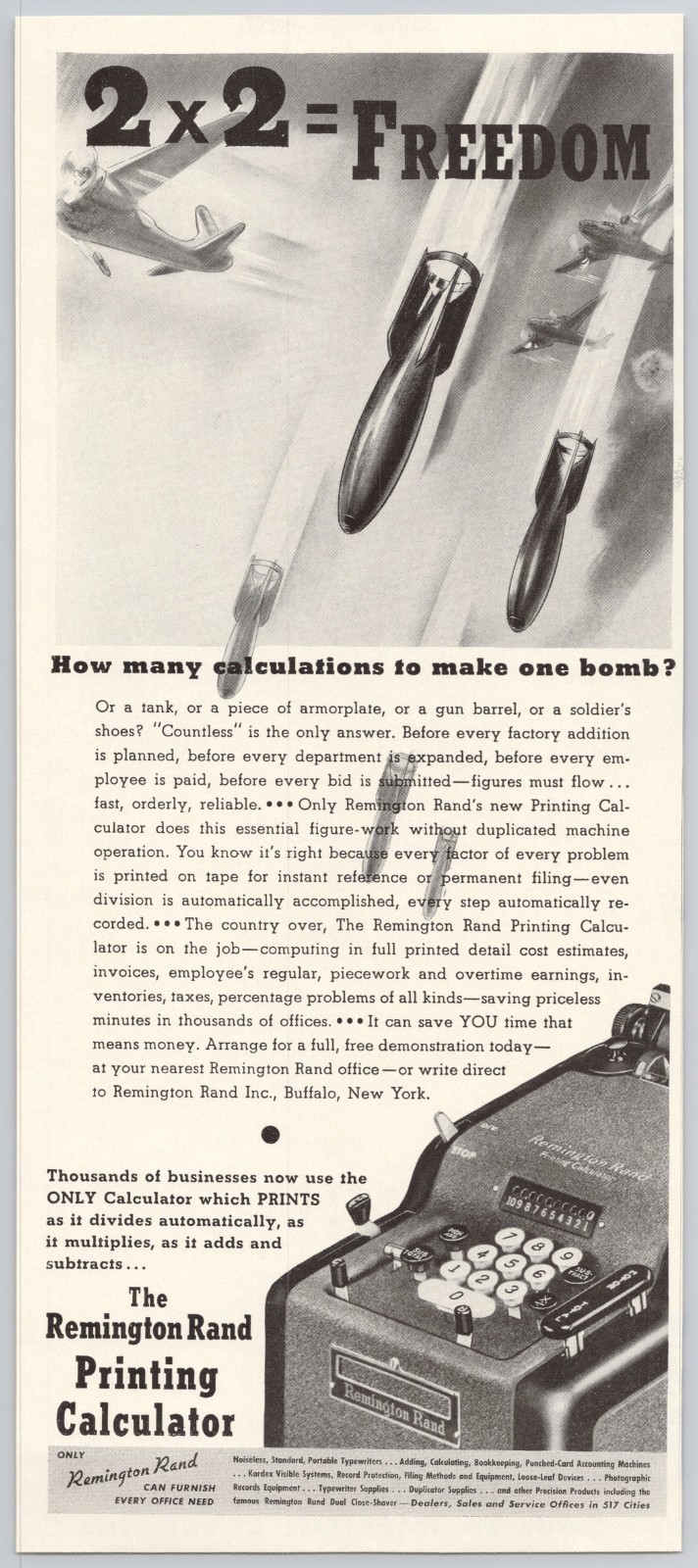 1941 Remington Rand Printing Calculator Planes Drop Bombs WWII Vintage Print Ad