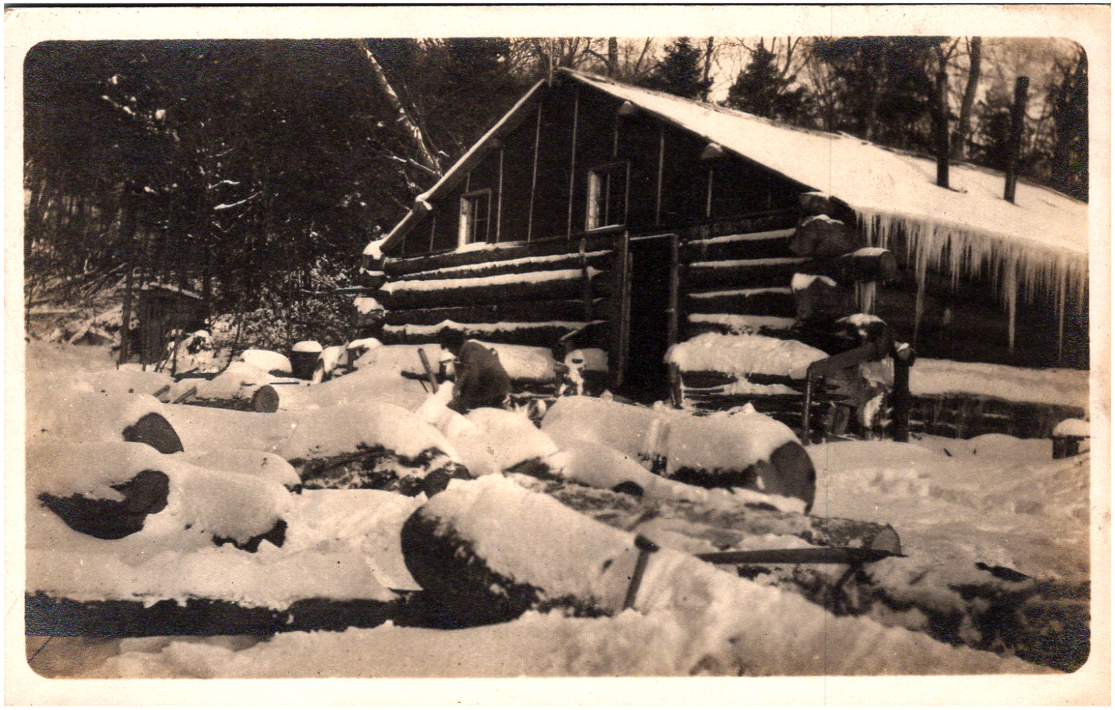 Snow Covered Log Cabin in Winter Long Icicles 1910s RPPC Postcard Photo