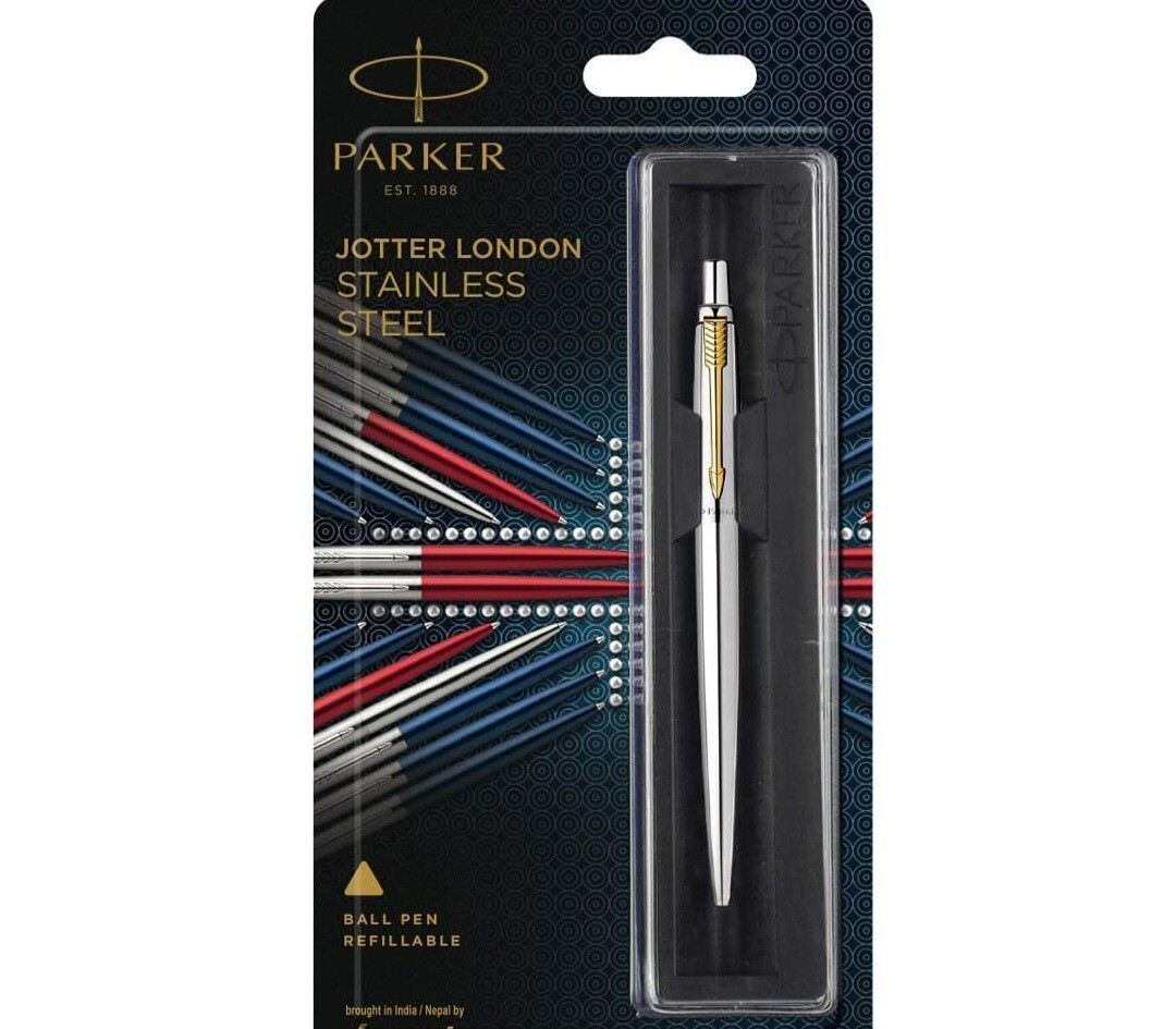 Parker Jotter Stainless Steel GT Gold Trim Fine Tip Blue Ink Ballpoint Ball Pen