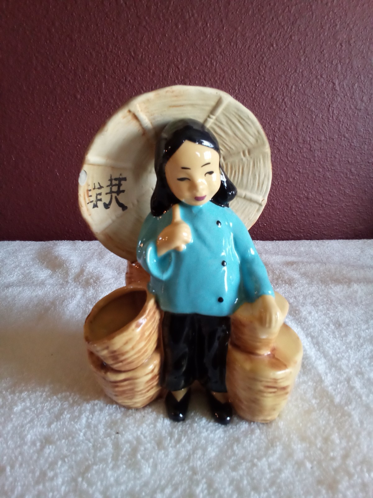 Vintage Handpainted California Pottery Asian Woman w/Umbrellaand Baskets Planter