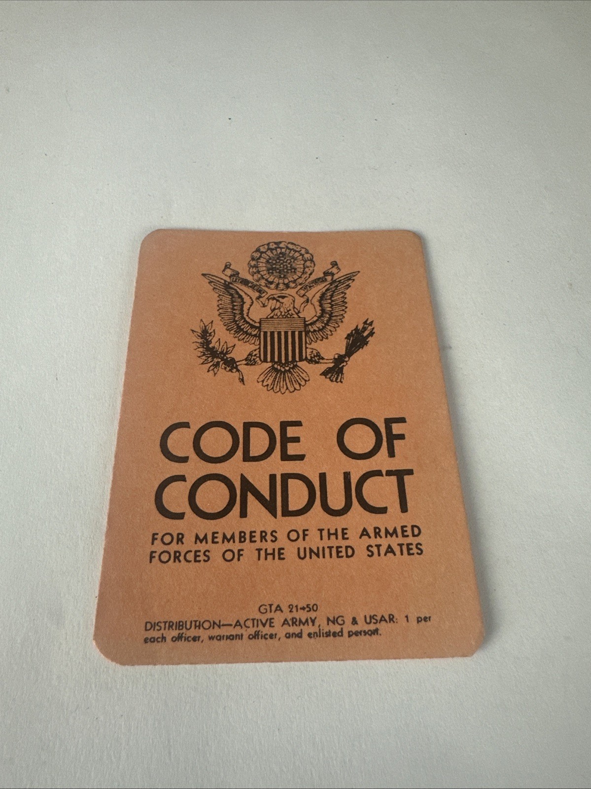 Vintage 1950s U.S. Army Code of Conduct GTA Card 21-50