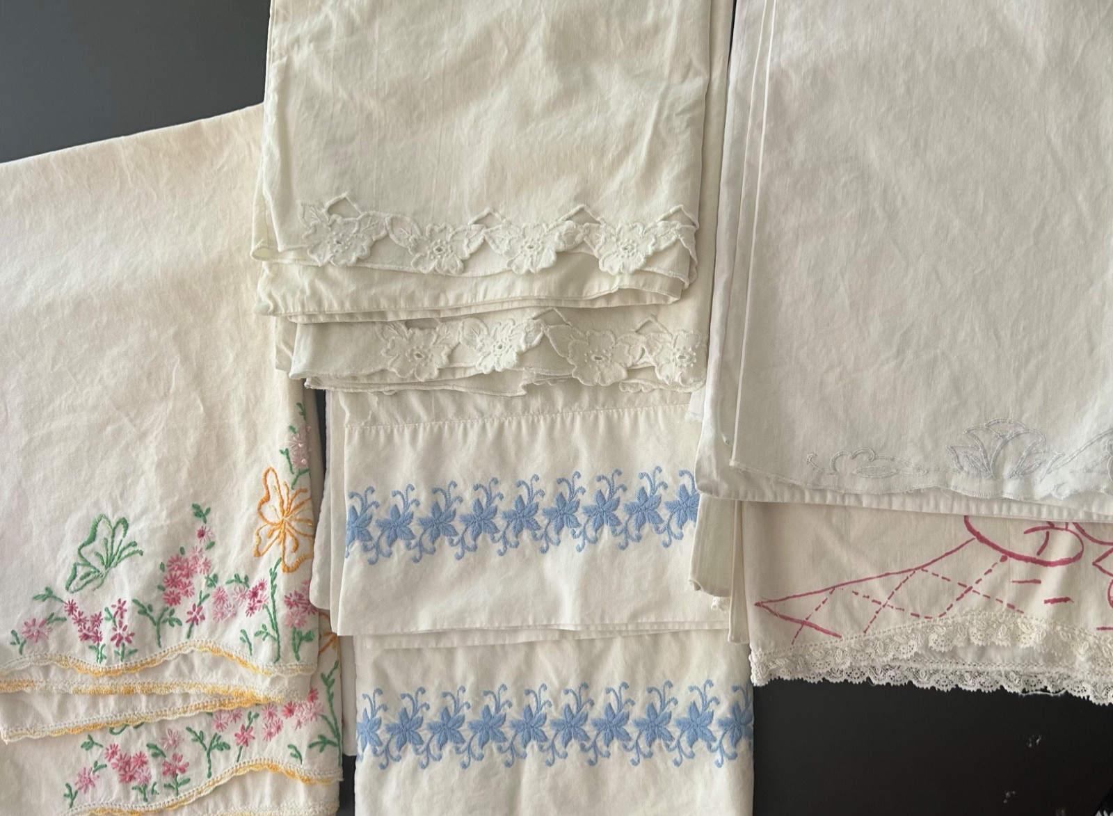8 Vintage Embroidered/cutwork/ printed Pillowcases 3 pairs and 2