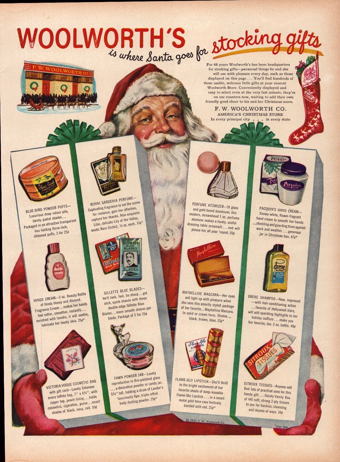 Woolworth's 1947 Magazine Ad Print Christmas Stocking Gifts Santa