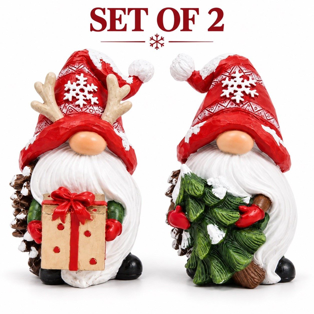 2pc Christmas Gnome Figurines Pinecone Gift Tree Mantel Shelf Decor 5in