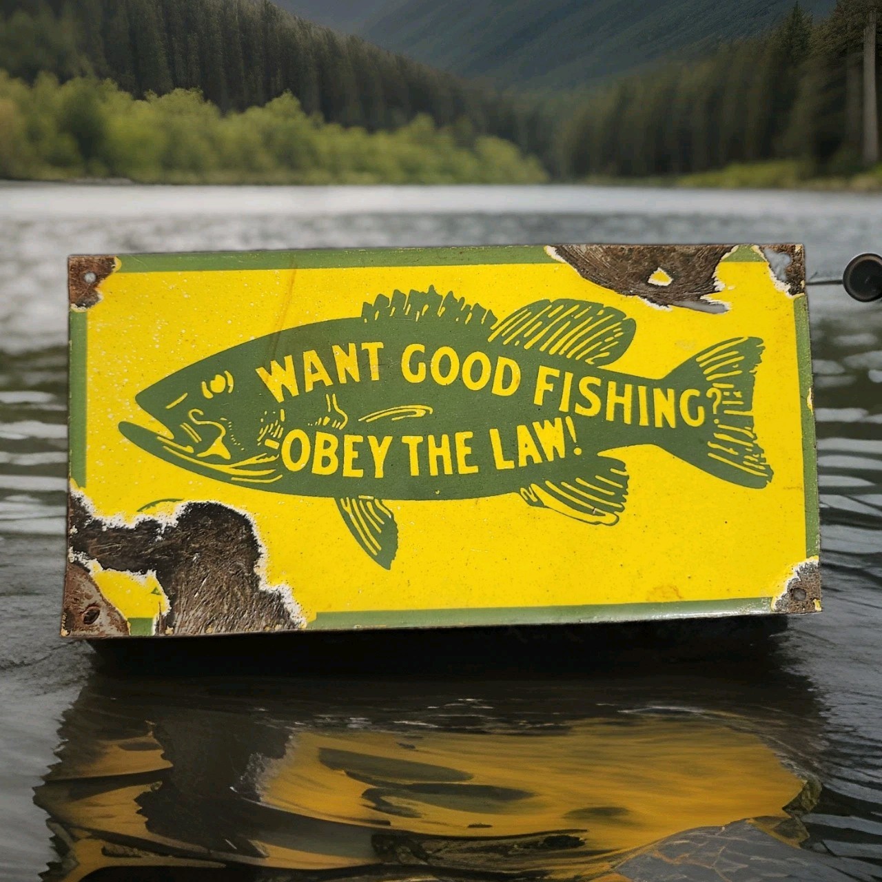 Vintage Want Good Fishing Porcelain Sign Obey The Law Common Wealth Pennsylvania