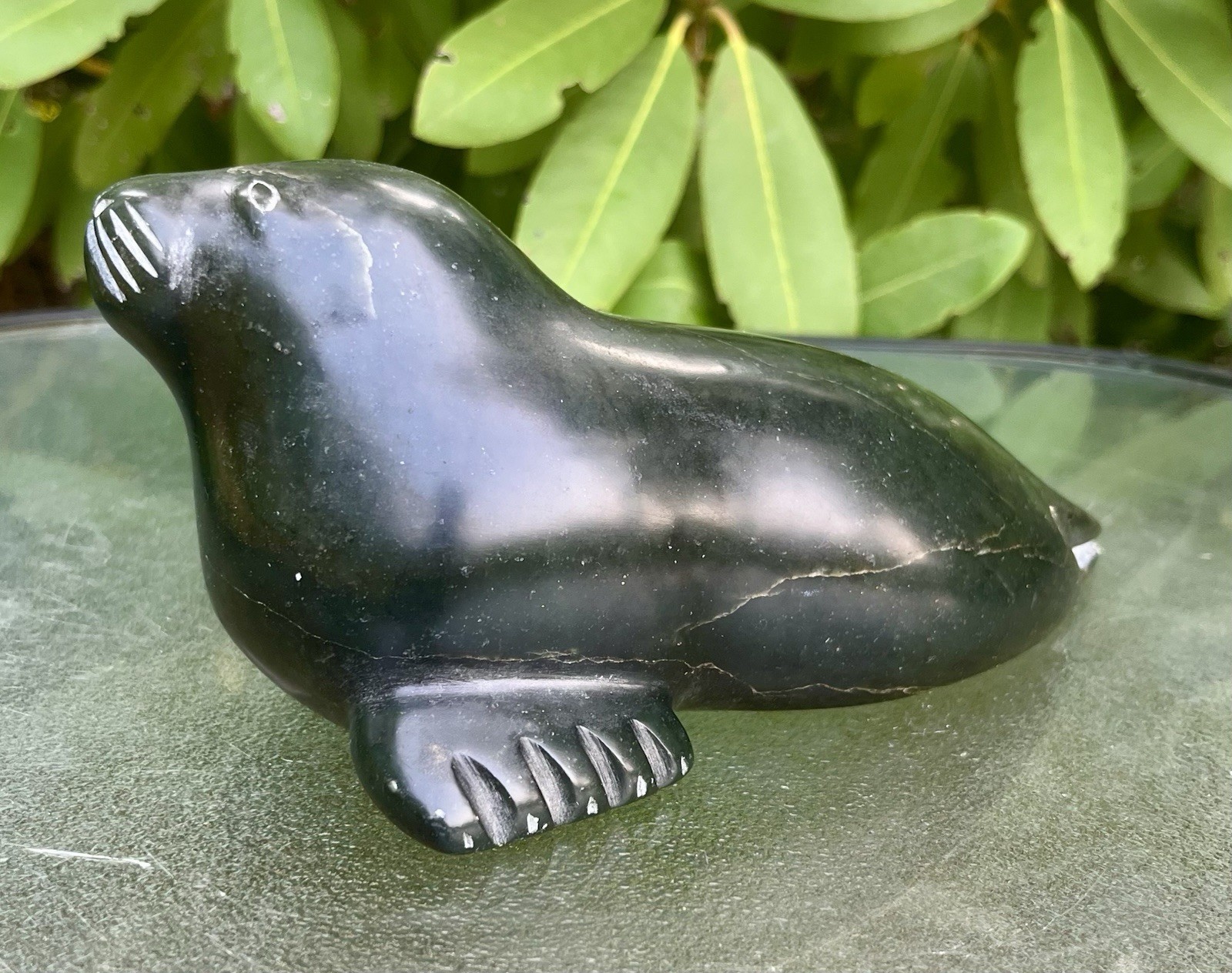 Authentic Canadian Inuit Seal Carving Dark Serpentinite Signed Igloo Label Heavy