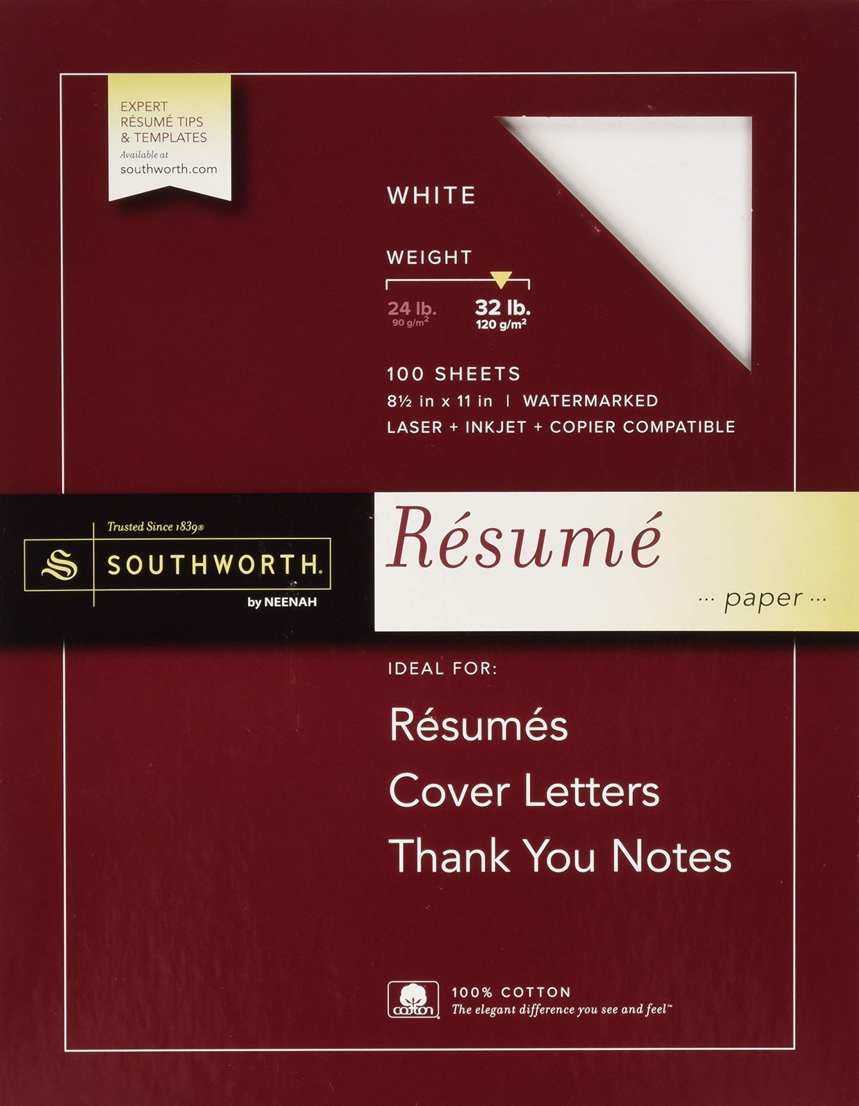 100% Cotton Resume Paper 32lb 95 Bright 8 1/2 x 11 White 100 Sheets