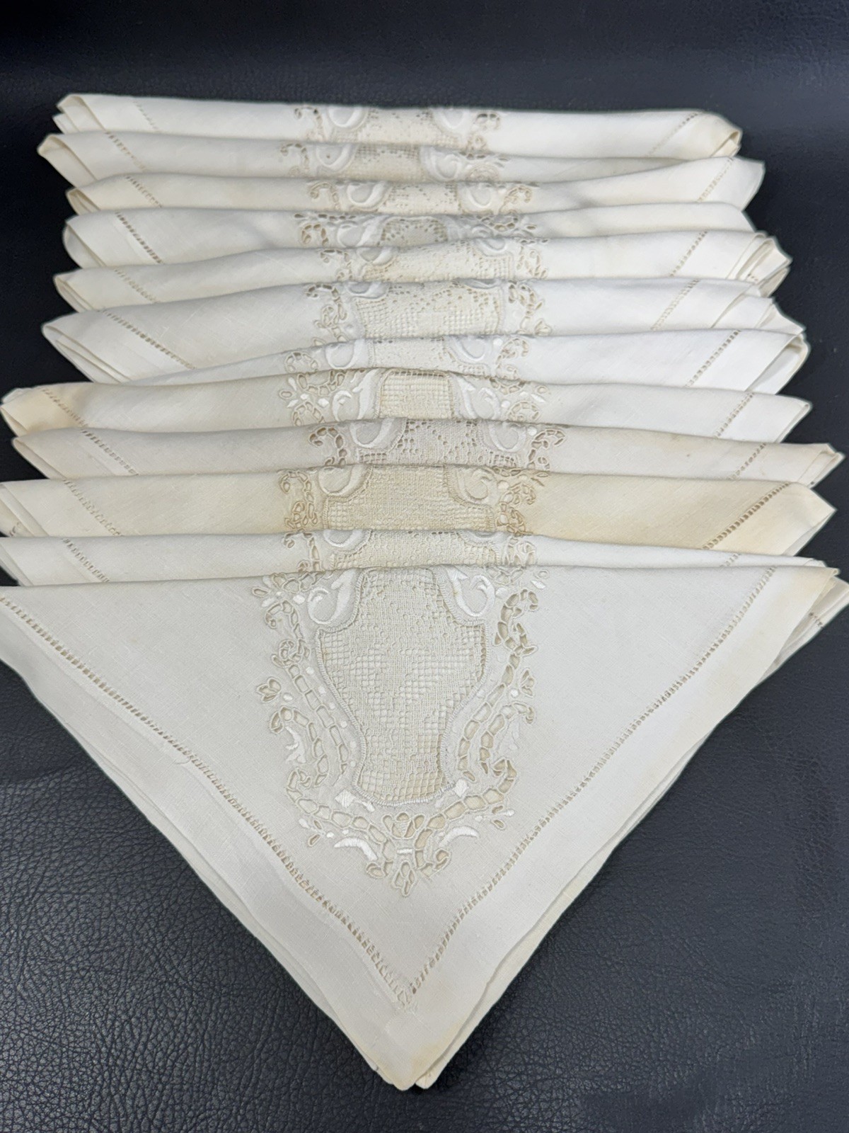 12 Vintage Linen Dinner Napkins Madeira Whitework Cutwork 21x19