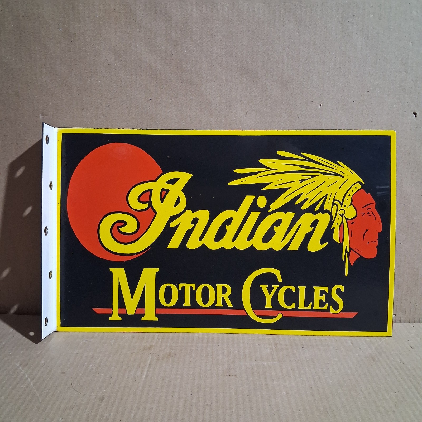 Indian Motor Cycles Porcelain Enamel Sign  18 x 10 Inches 2 Sided