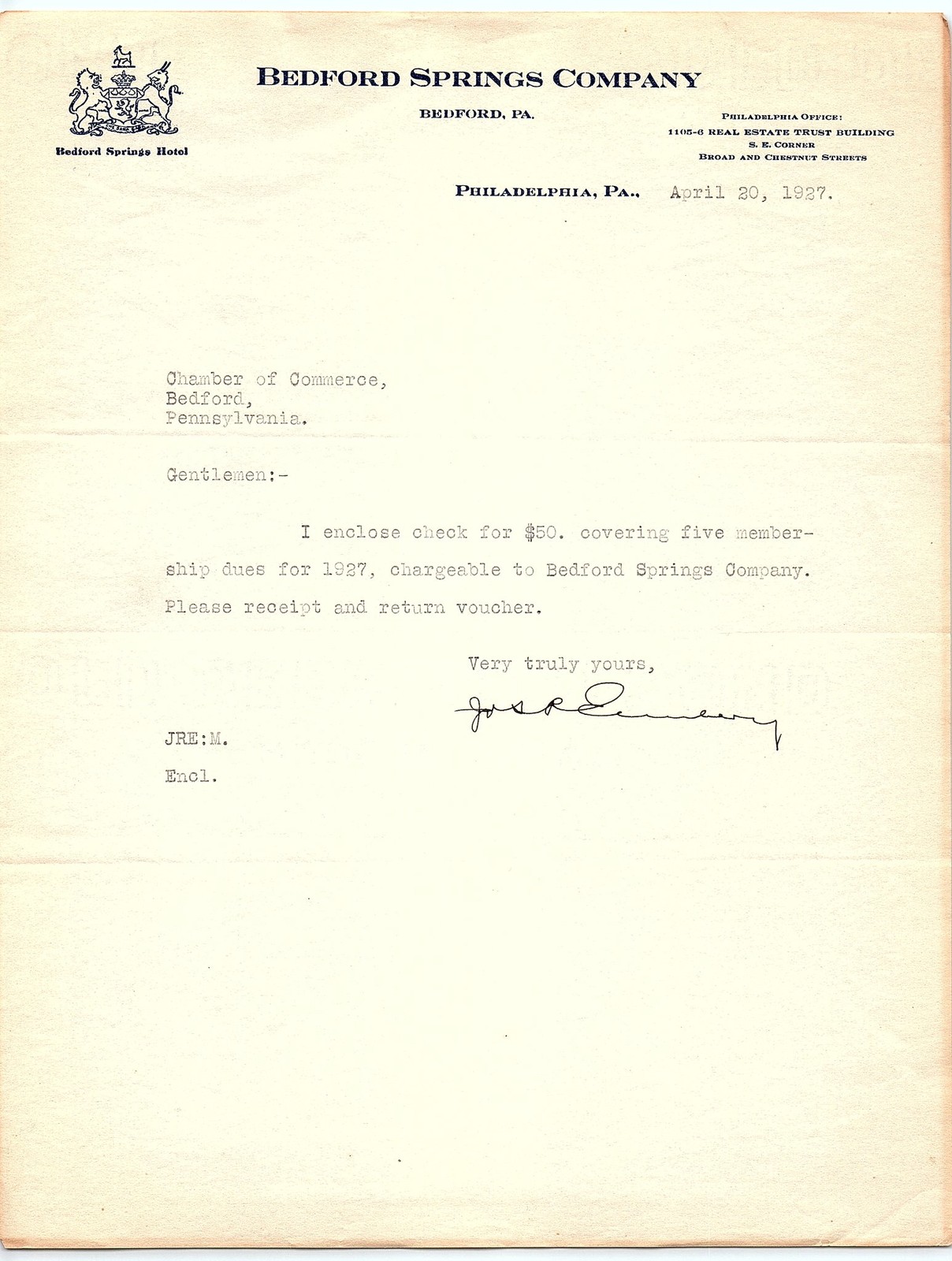 1927 Bedford Springs Co. letterhead, PA hotel logo
