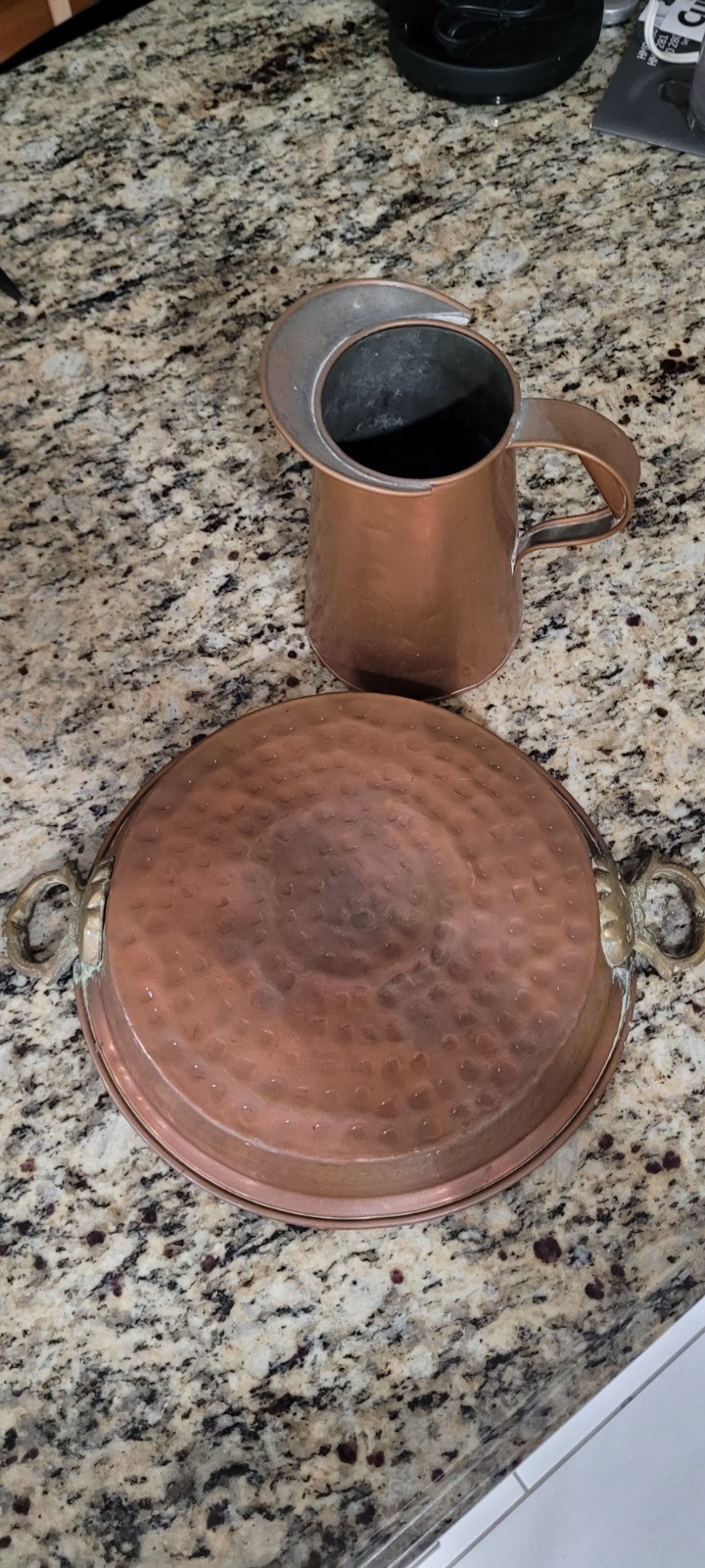 Vintage French Copper Gratin Pan & 1 Qt Pitcher Set Hand Hammered Tin Lined