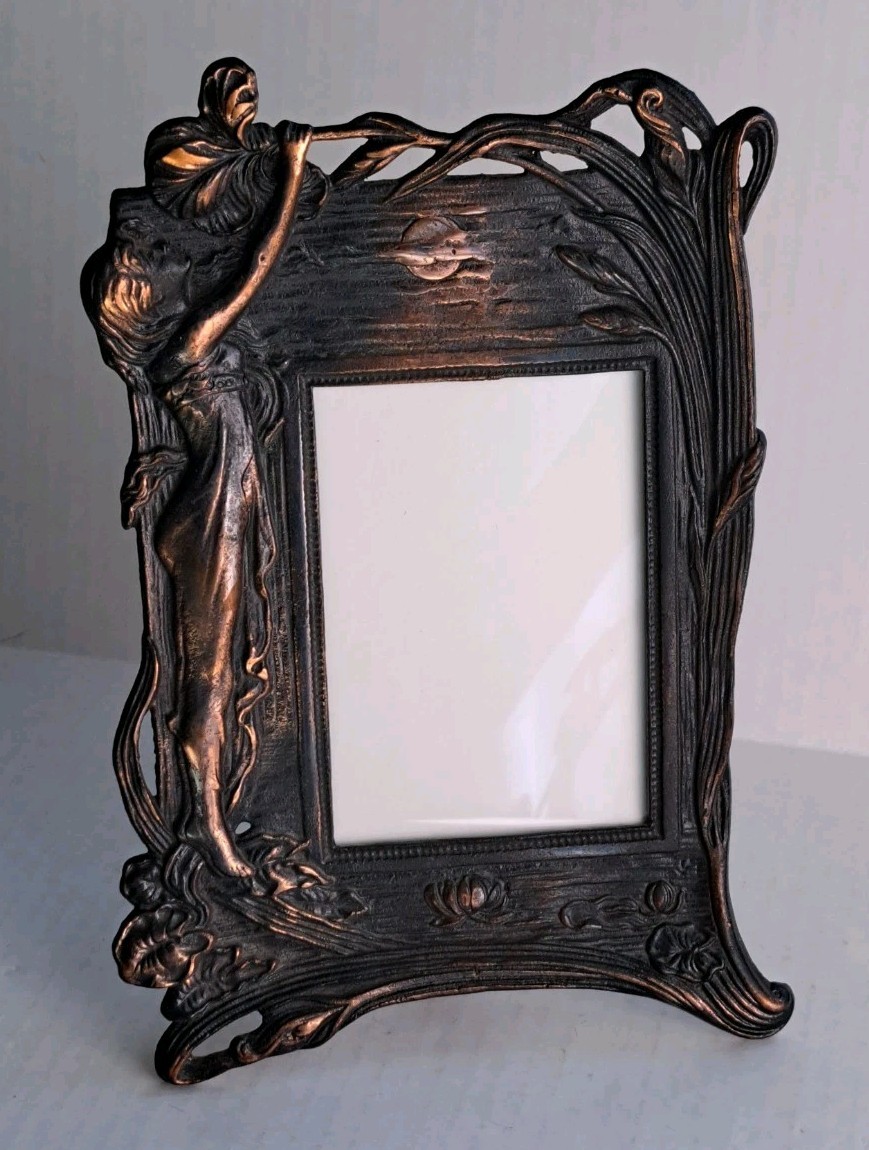 Vintage Art Nouveau Copper Clad Photo Table Frame 4x6 Maiden Woman Iris Flowers 