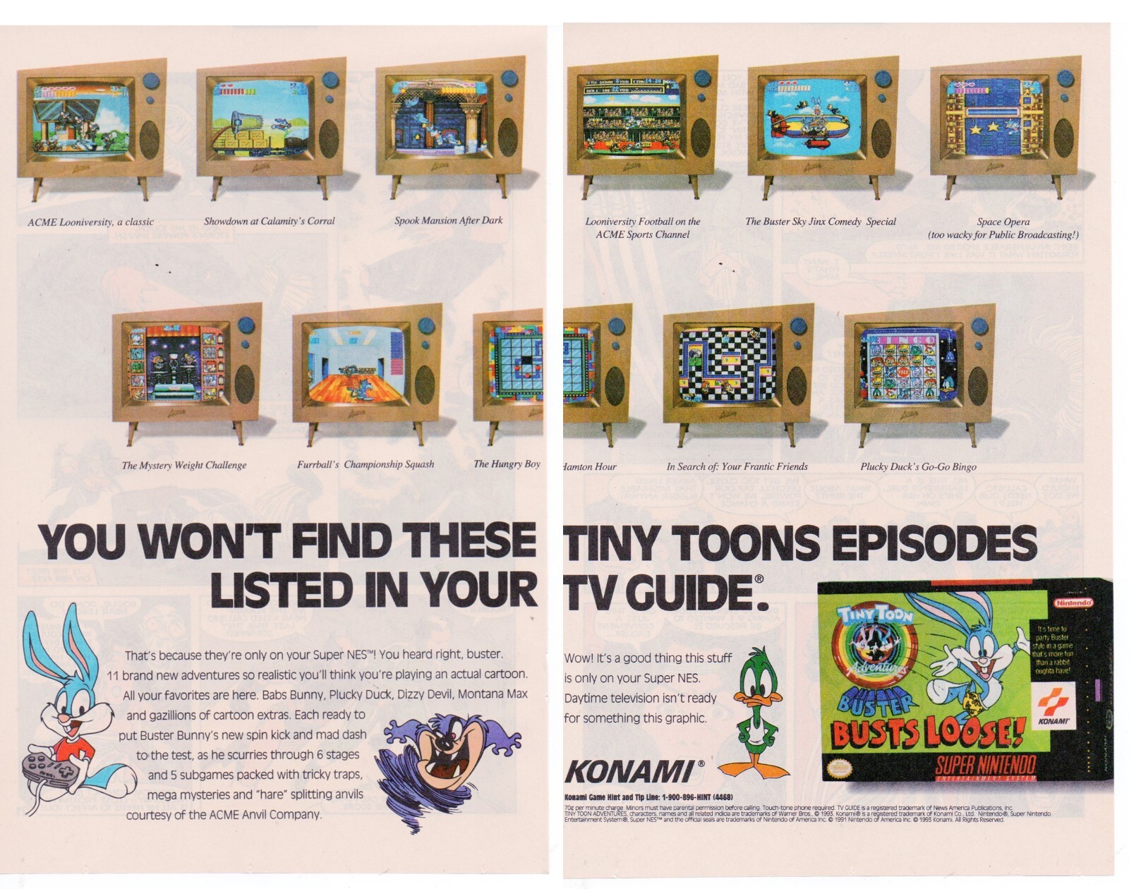 1993 TINY TOON BUSTER BUSTS LOOSE 2PG Video Game PRINT AD ART - SNES KONAMI AD