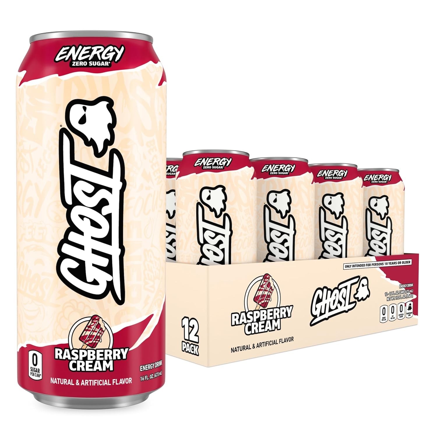 GHOST Energy Drink - 12-Pack, Raspberry Cream, 16oz Cans - Energy & Focus & No A