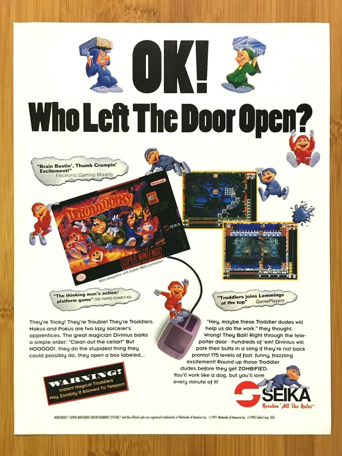 Troddlers SNES Super Nintendo 1993 Vintage Print Ad/Poster Authentic Retro Art