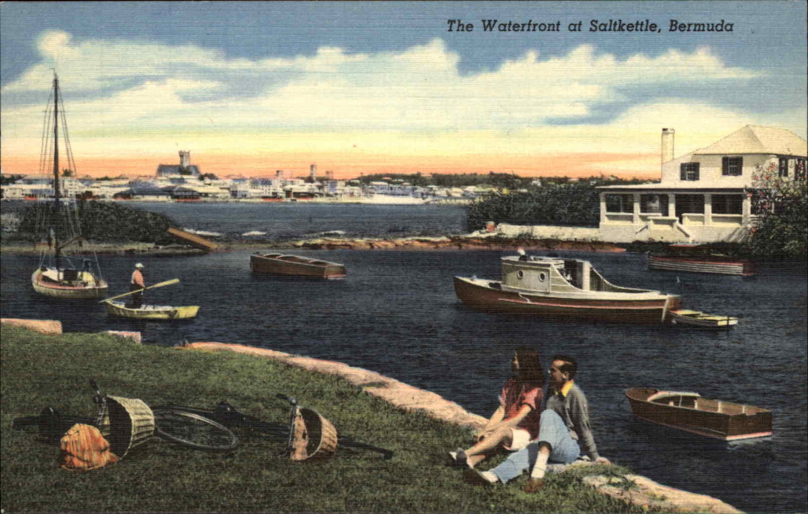 Saltkettle Bermuda Waterfront Boats Bicycle Linen c1930s-40s Postcard
