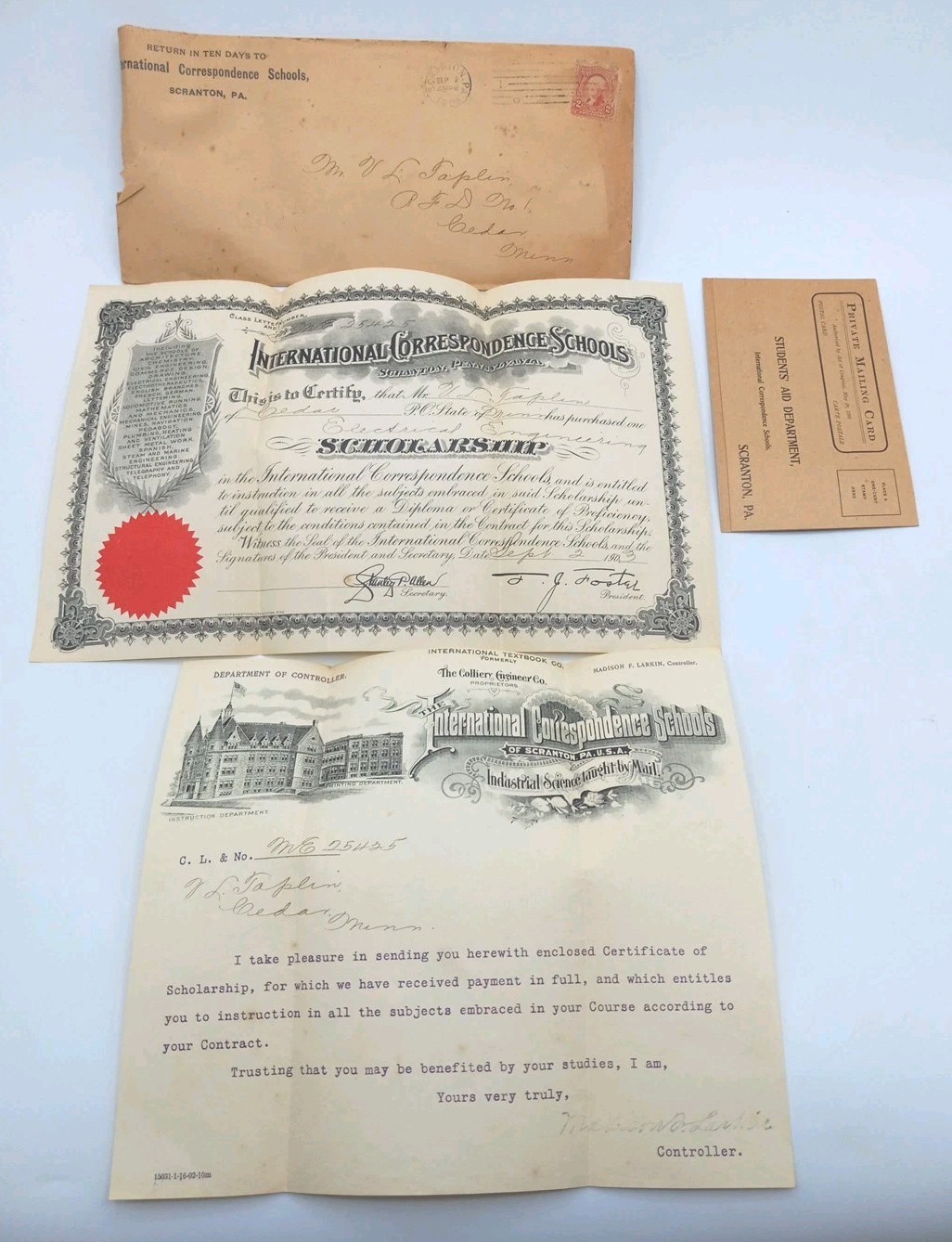 Scranton Pa International Correspondence School Letter/Scholarship Papers 1901 