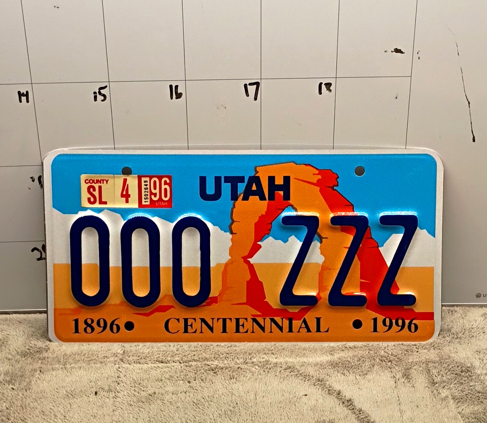 Utah Centennial 1896-1996 State License Plate 1996 Issue 000 ZZZ