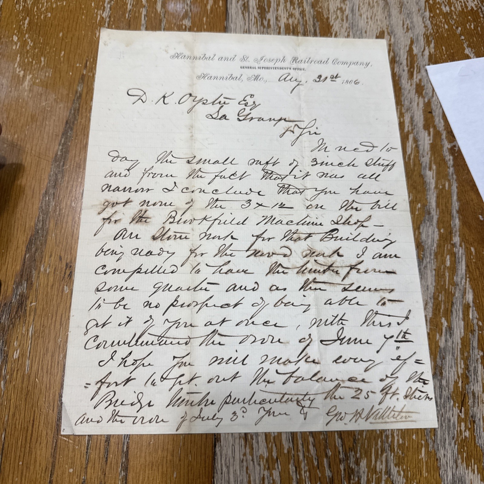 Hannibal St Joseph Railroad Co Letter 1866 MO Sign Geo H Nettleton Civil War