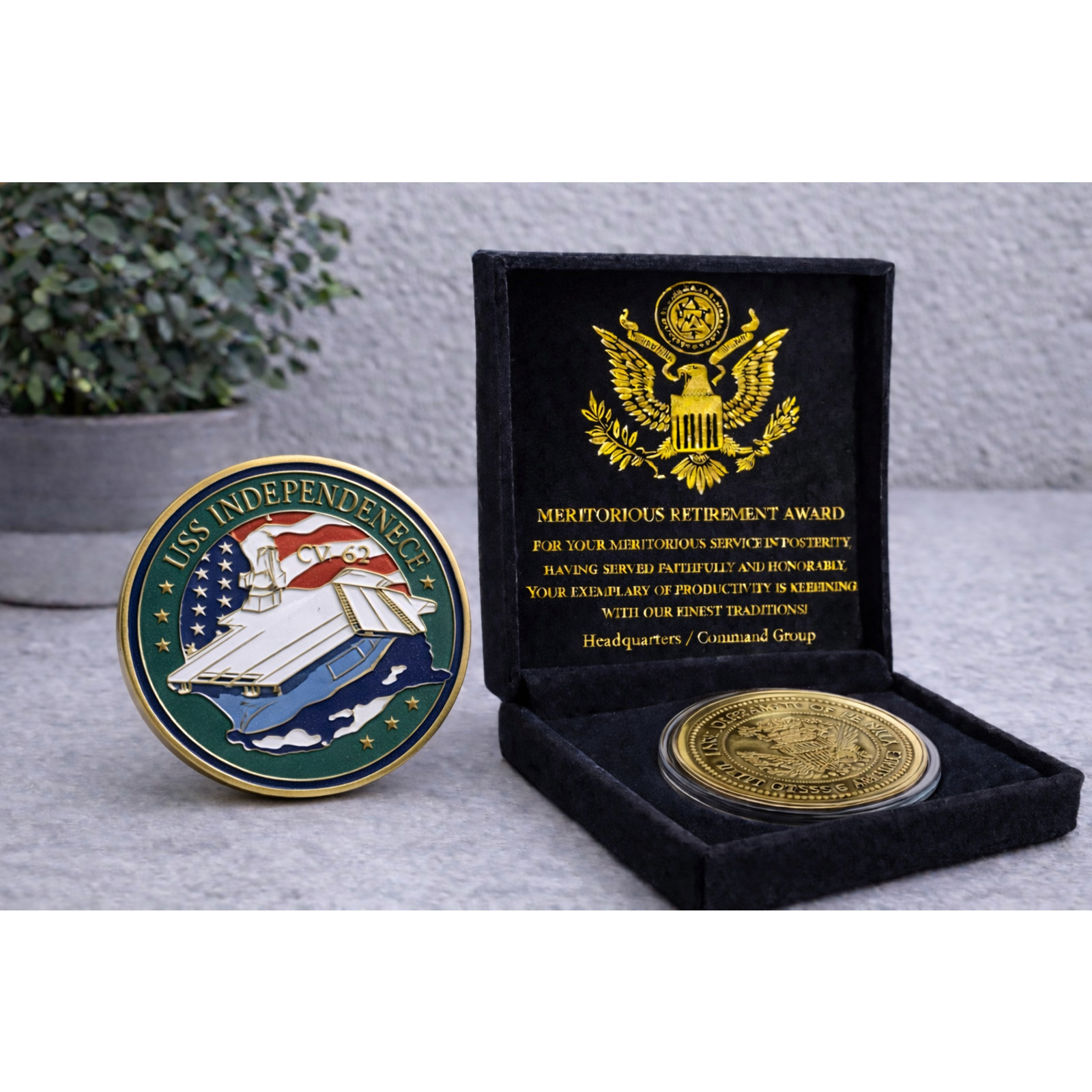 US NAVY - USS INDEPENDENCE CV-62 Challenge Coin USA w/ Retirement Award