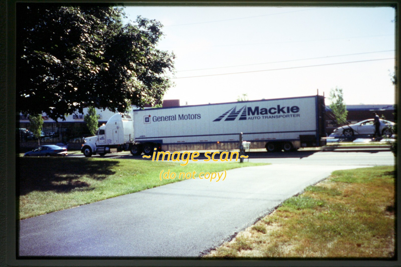 Semi Truck w Brand New Chey Camaro Car on Trailer in 1990s, Original Slide R5b