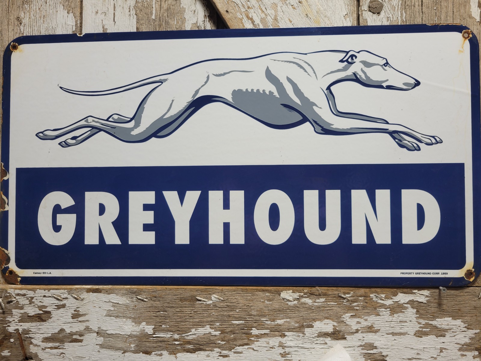 VINTAGE GREYHOUND PORCELAIN SIGN RARE OLD 1959 CAMEO LA BUS LINE TRANSIT 31X16