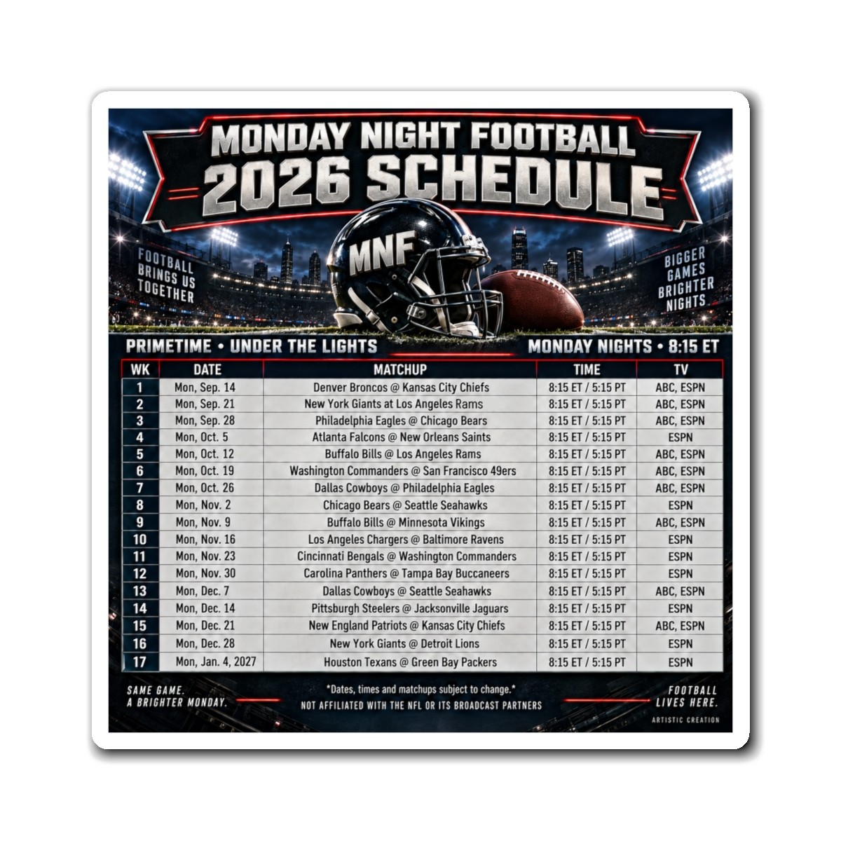 Monday Night Football NFL Football 2026 Schedule Magnet Refrigerator Schedule