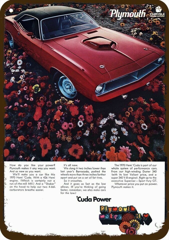 1970 PLYMOUTH 426 Hemi Cuda -Cuda Power- Vntg-Look DECORATIVE REPLICA METAL SIGN