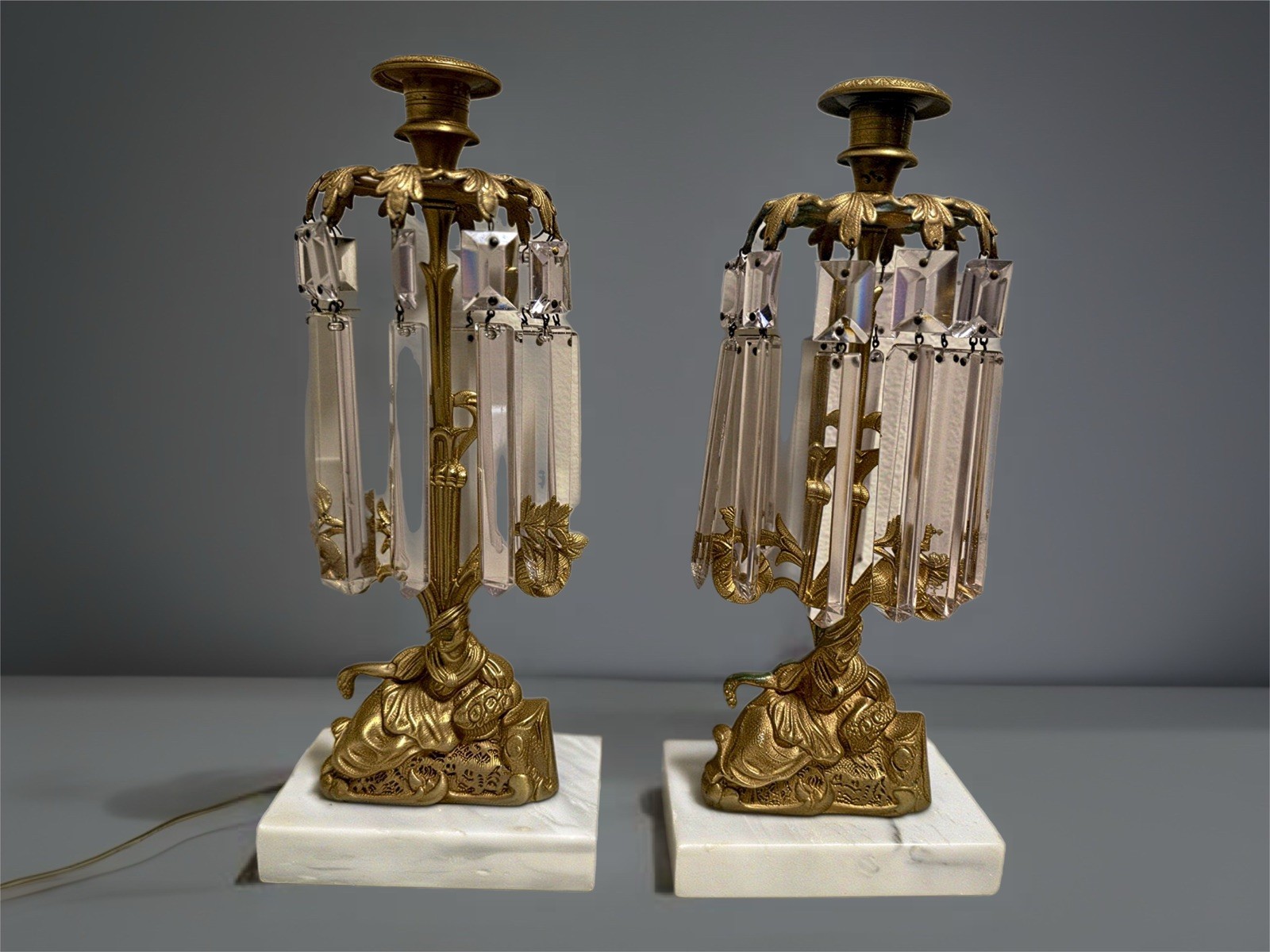 Pair Of Antique Victorian Cast Metal Figural Girandole Candlesticks