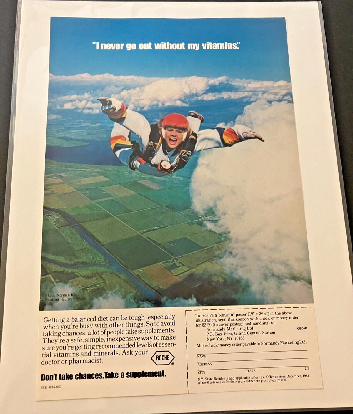 Roche Vitamin Supplements - Vintage 1983 Print Ad / Poster  Wall Art - Skydiving
