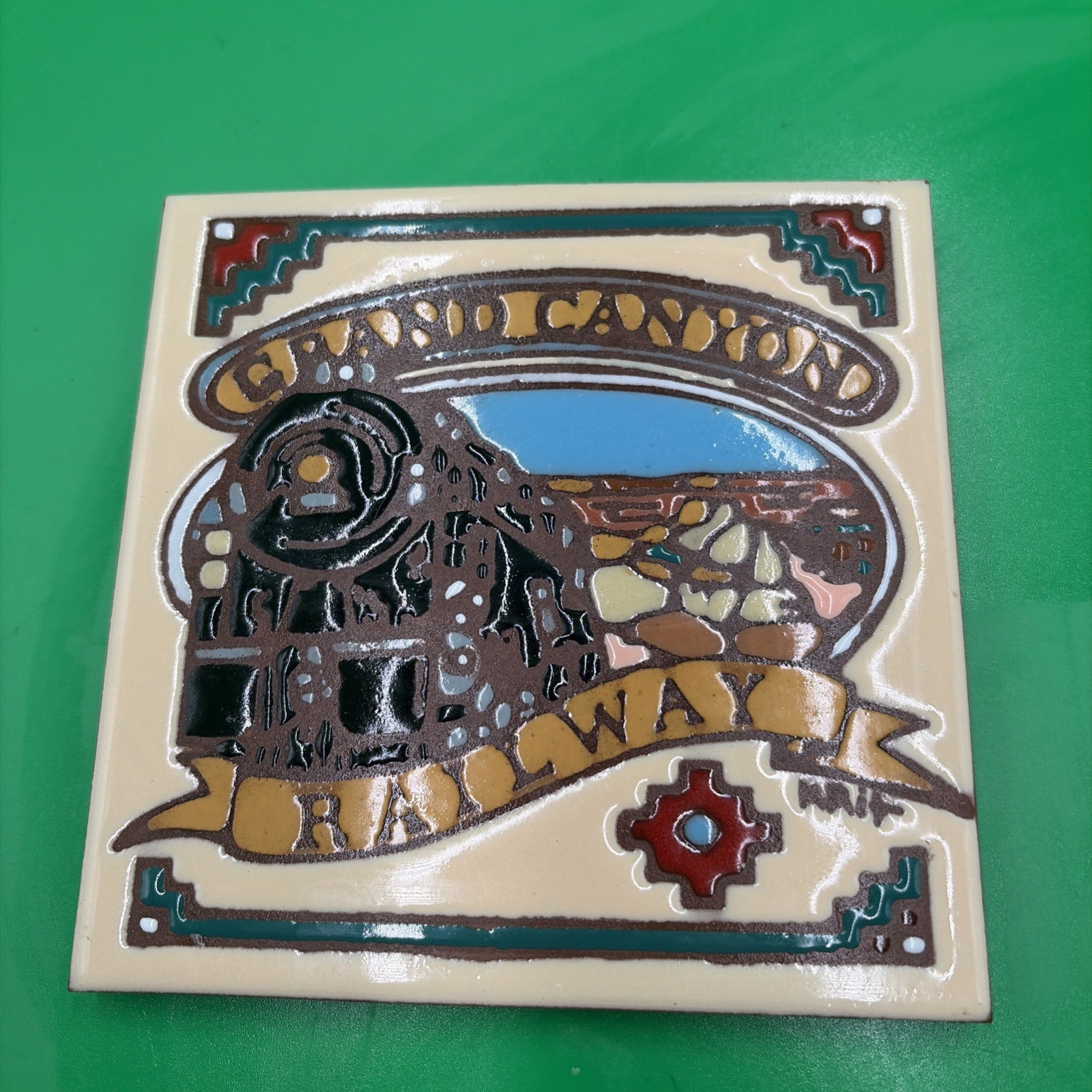 Vintage Hand Glazed Decorative Art Tile Grand Canyon Railway Train Railroad Krit