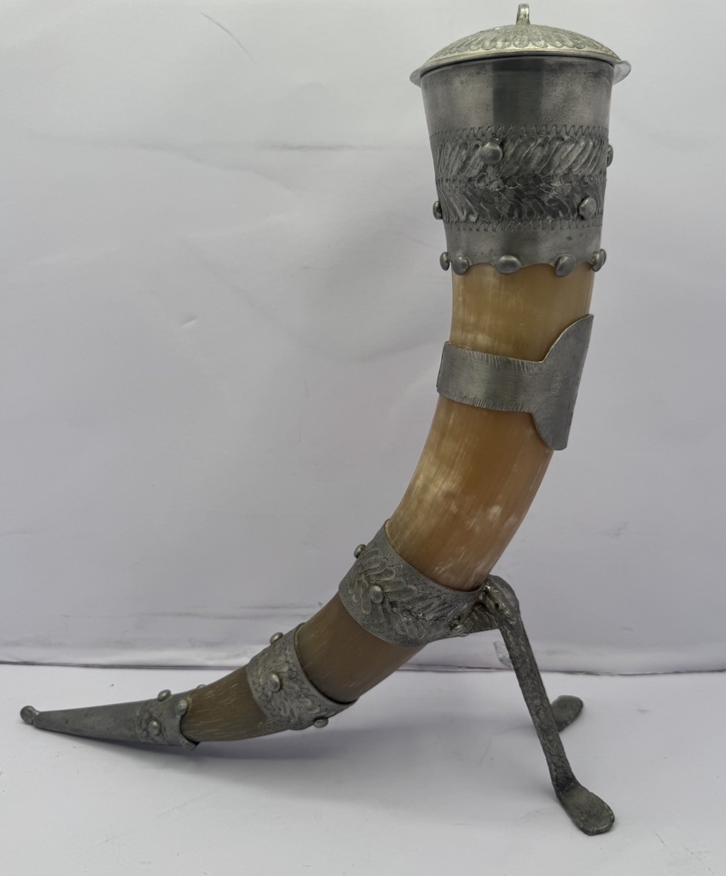 Vintage Norwegian Drinking Horn Pewter Tinn Handmade Norway Viking Lidded Nice