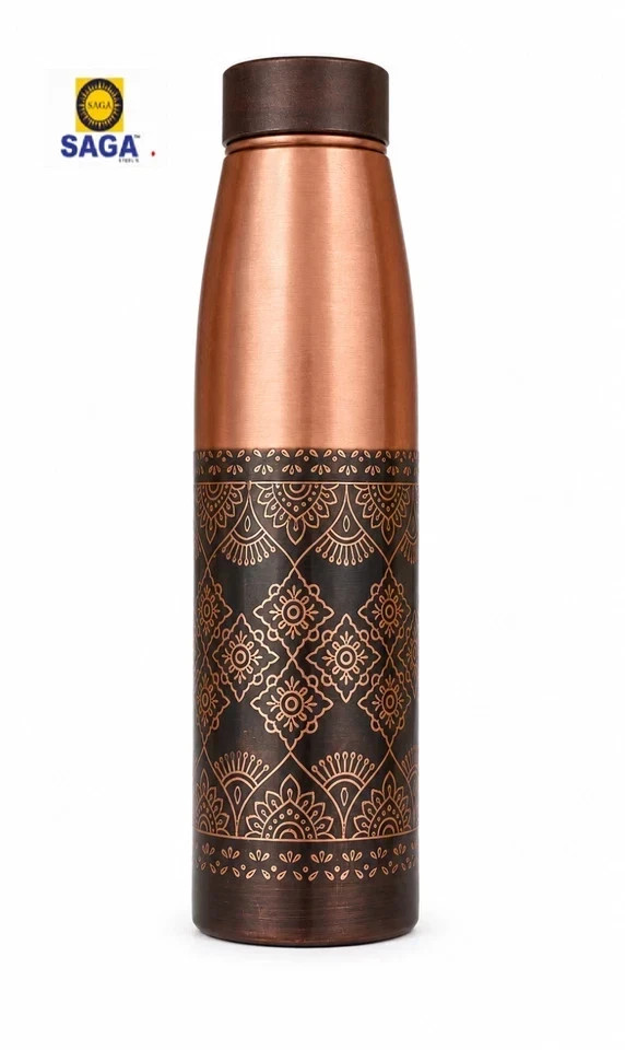 Pure Copper Water Bottle Antique Engraved Design Ayurvedic approx 950ml fastship