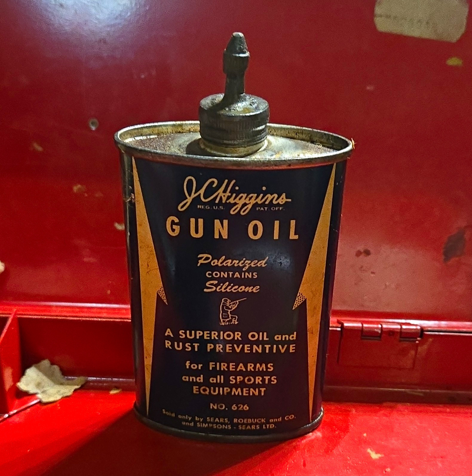 Vintage J.C. Higgins Polarized Gun Oil Advertising Can Contains Silicone