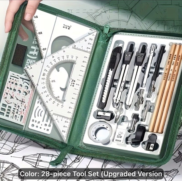 28 Piece Mechanical Drawing Drafting Tool Set in Case NEW Shipping Included