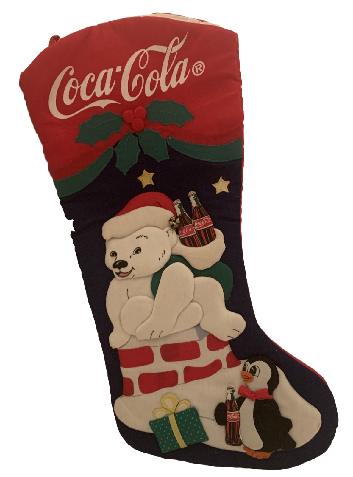 VTG 3D Appliqué Fabric Polar Bear Xmas Stocking Coke Bottles Presents Penguin
