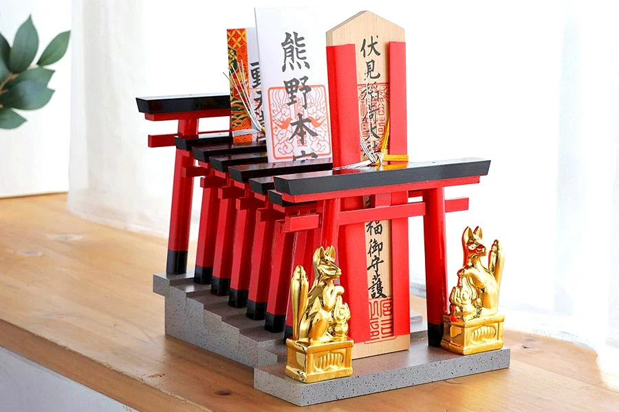 Ofuda Stand Fushimi Inari Shrine Style with Red Torii Gates and Lucky Cat Japan