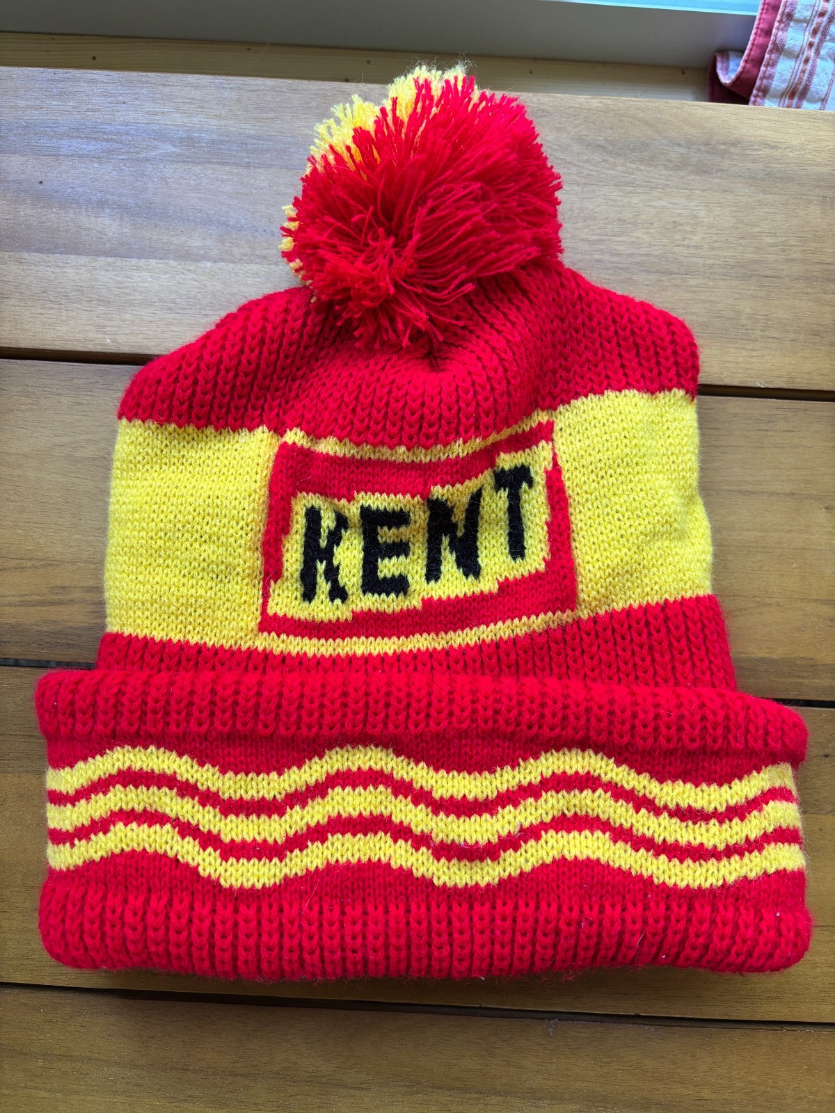 Vintage Kent Feeds knit stocking cap w/pom. Red Yellow farm advertising USA.