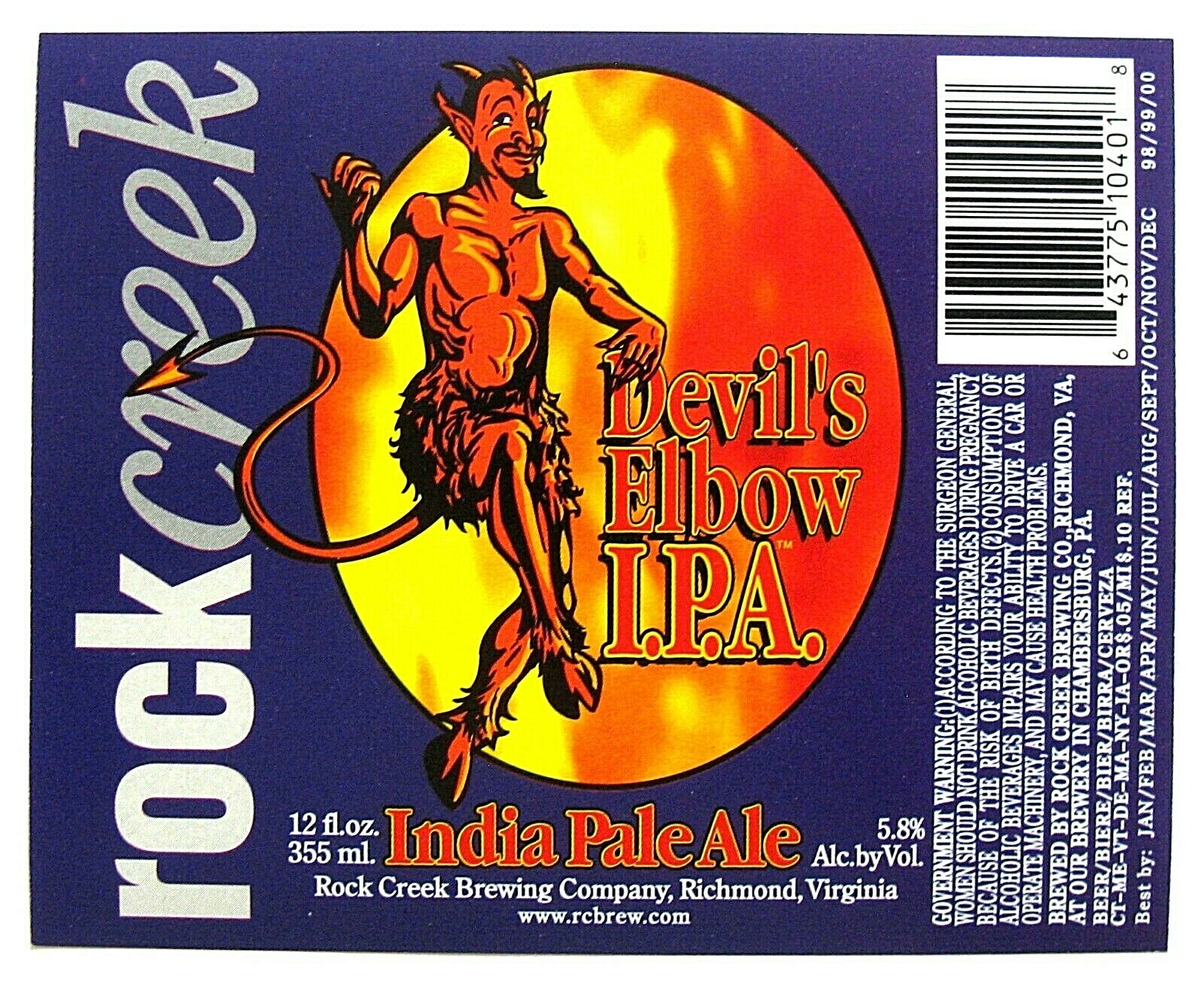 Rock Creek Brewing DEVIL'S ELBOW I.P.A. beer label VA 12oz Best by '98-00