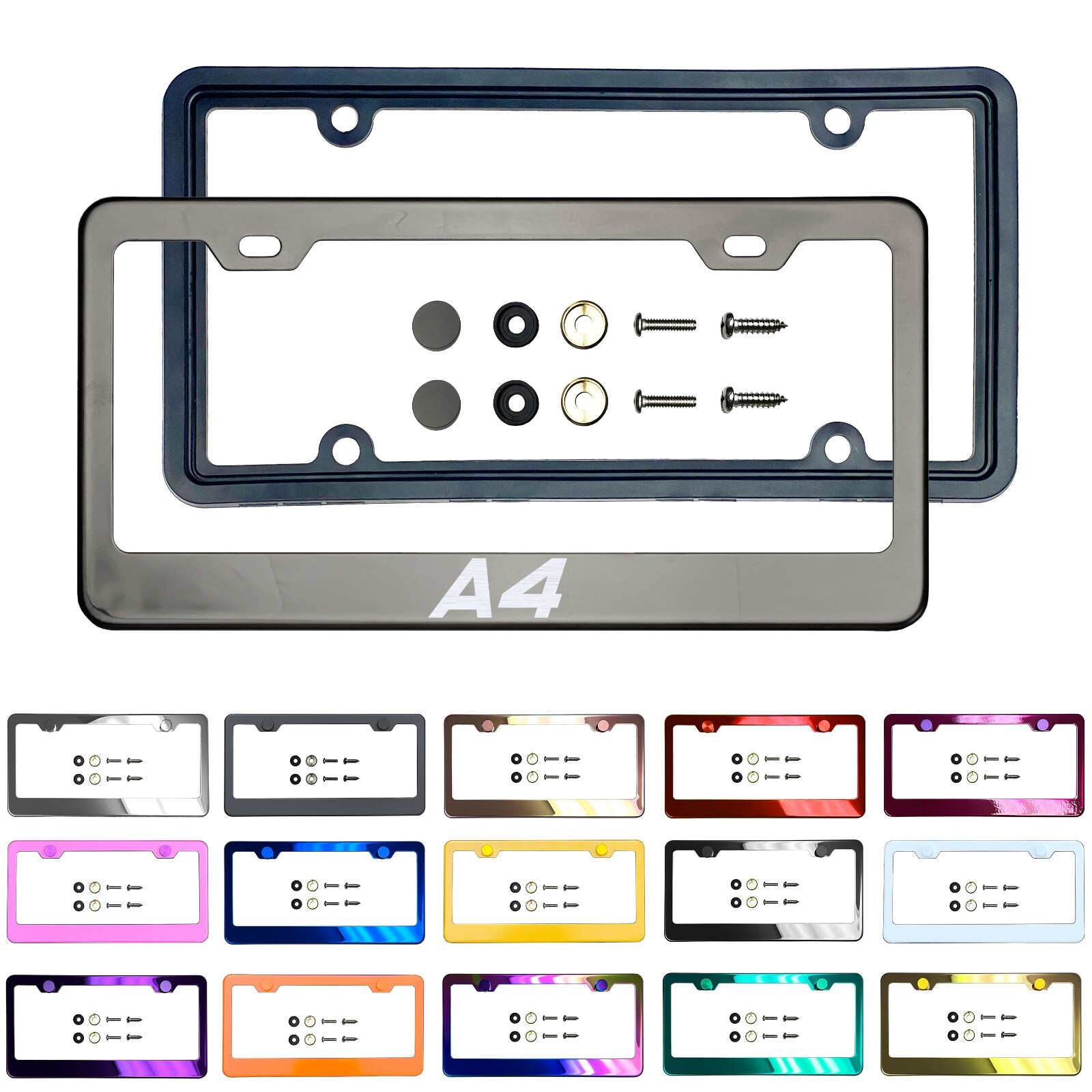 Laser Etched Stainless Steel License Frame Silicone Guard Metal Cap Fit Audi A4
