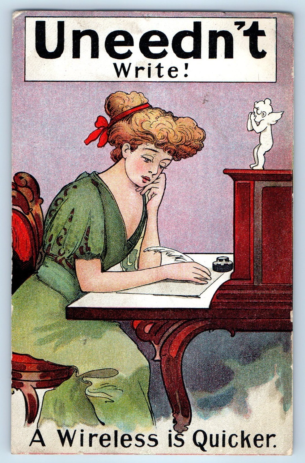1910 Uneedn\'t Write Pretty Woman A Wireless Is Quicker Antique RPO Postcard