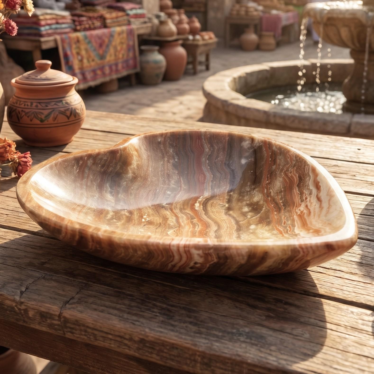 Brown Banded Calcite Heart Shaped Stone Bowl (8 Inches) Genuine Pakistan Mineral