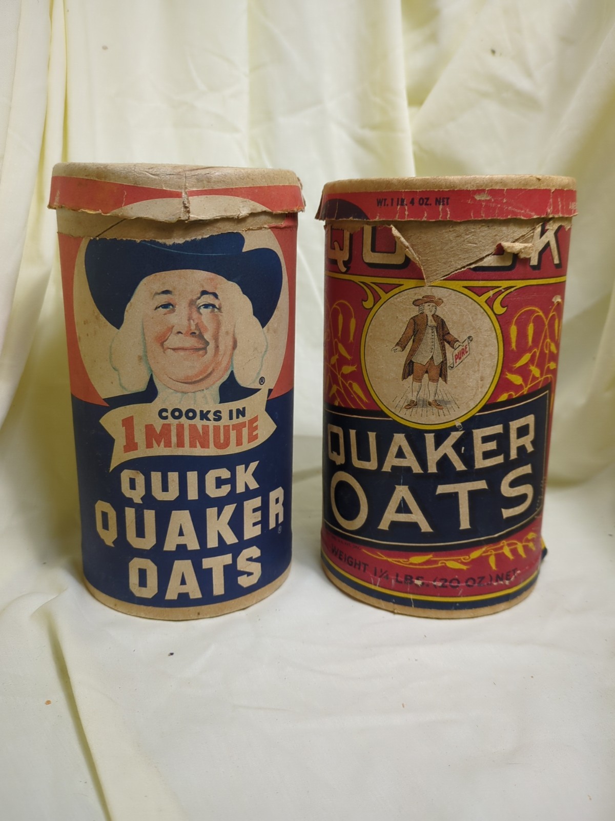 Pair Of Vintage Quaker Oats Paper Cardboard Tins 20oz With Lids Plantation Ad