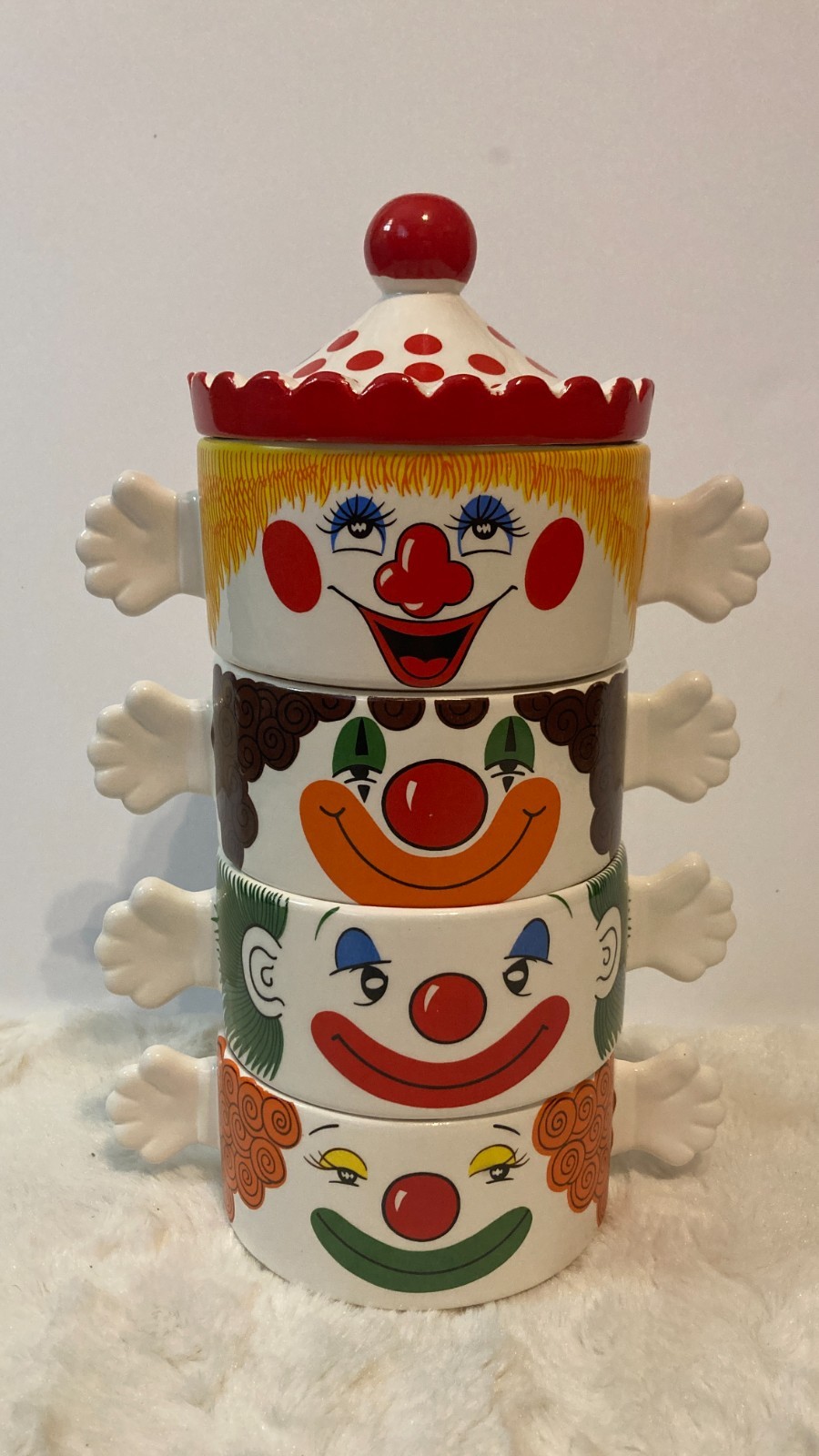 Vintage 1980s Stackable Ceramic Clown Soup Bowls Set of 4 with Hat Lid Japan