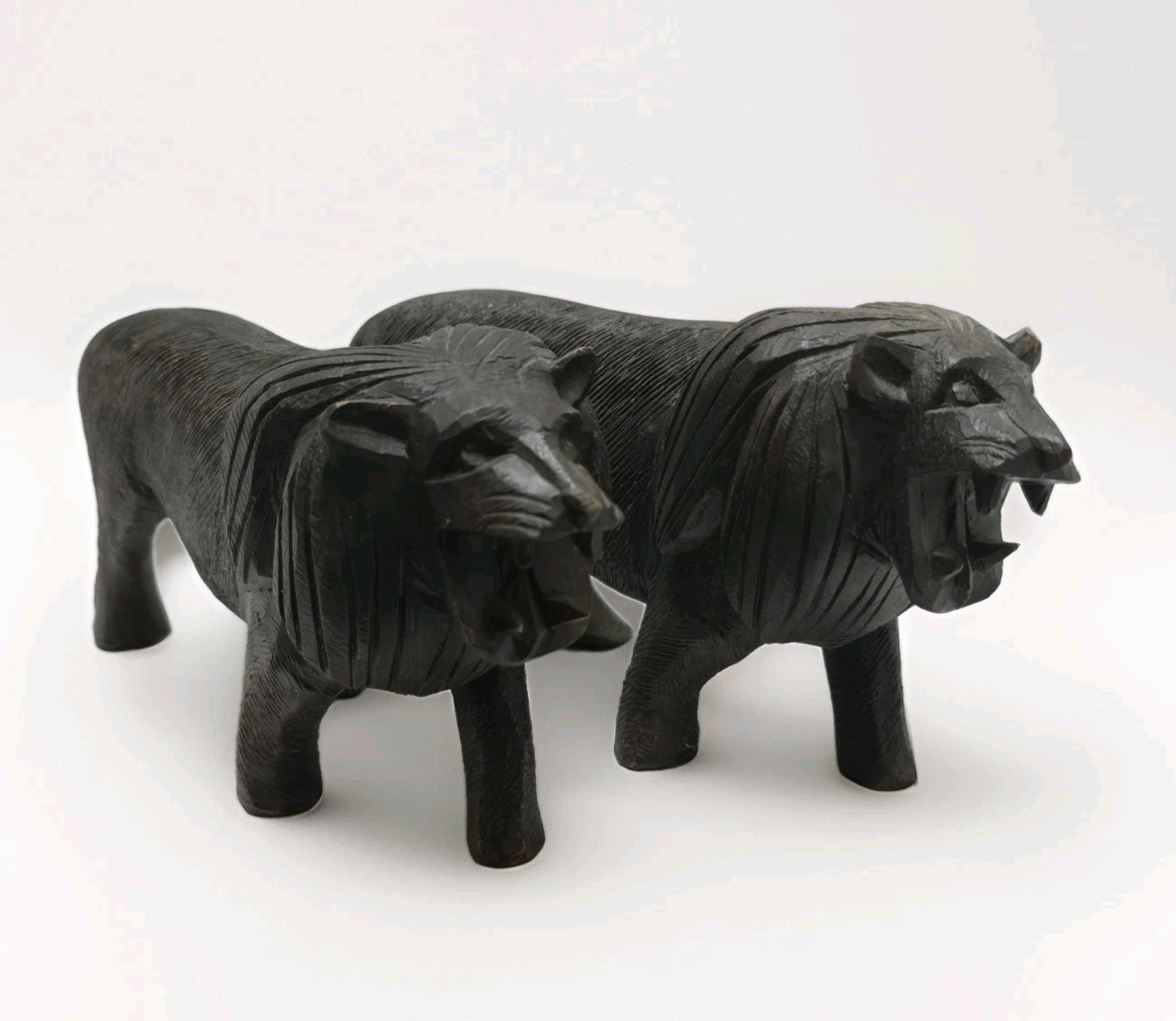 Antique Hand Carved Wood African Lions Set
