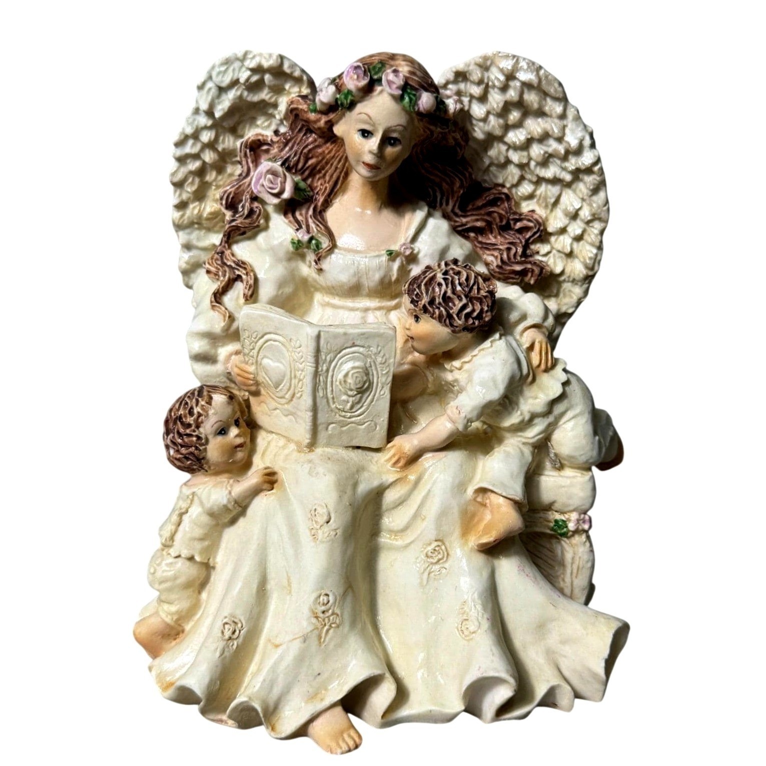 Angel Reading to Children Figurine Heavy Sculpted Floral Wings Cottagecore 5\