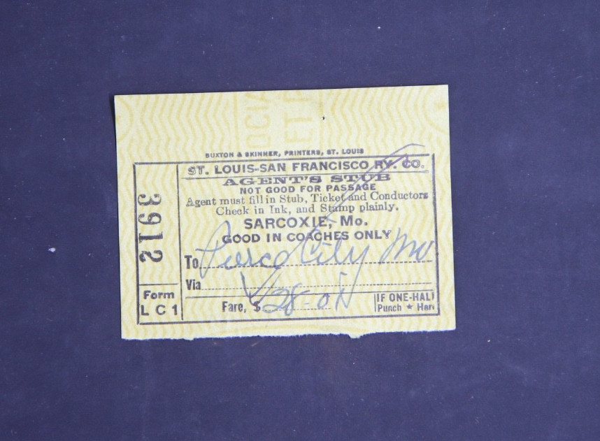 1945 SL-SF / Frisco Railroad ticket stub, Sarcoxie, Missouri to Pierce City, MO