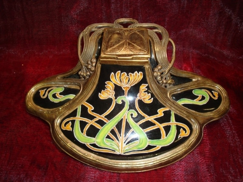 Art Deco Style Inkwell Flower Art Nouveau Style Porcelain Bronze Ceramic