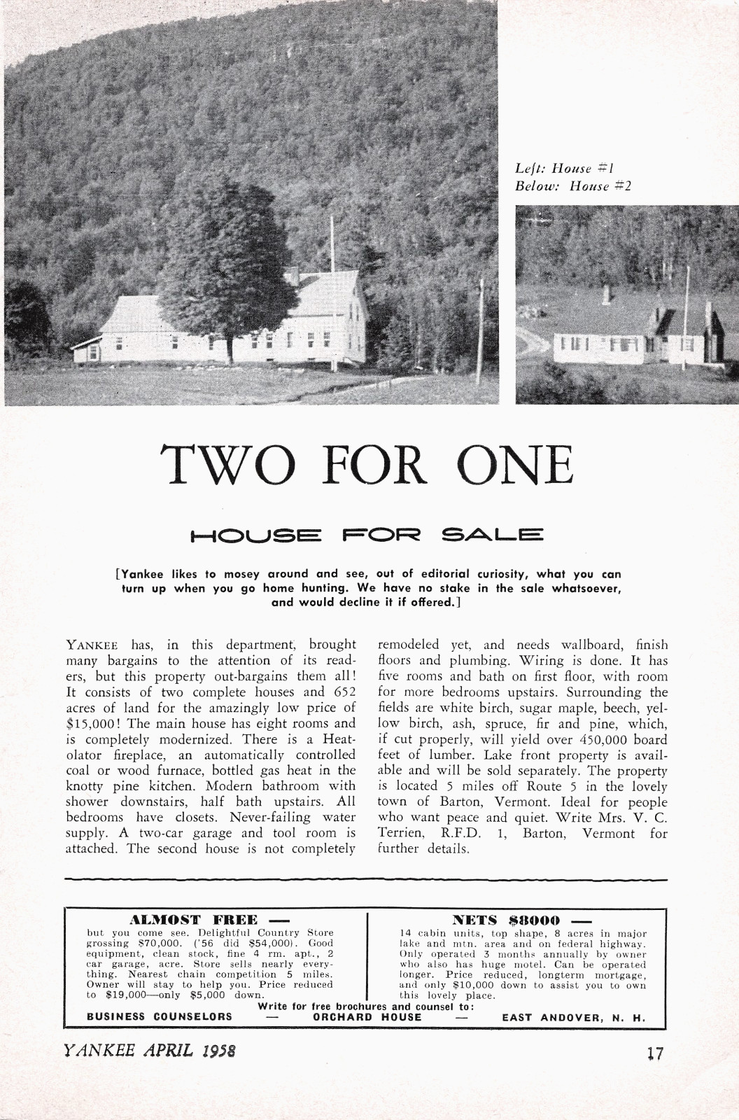 2 for 1 House Sale Barton VT Vermont Property Listing Vtg 1958 Magazine Excerpt