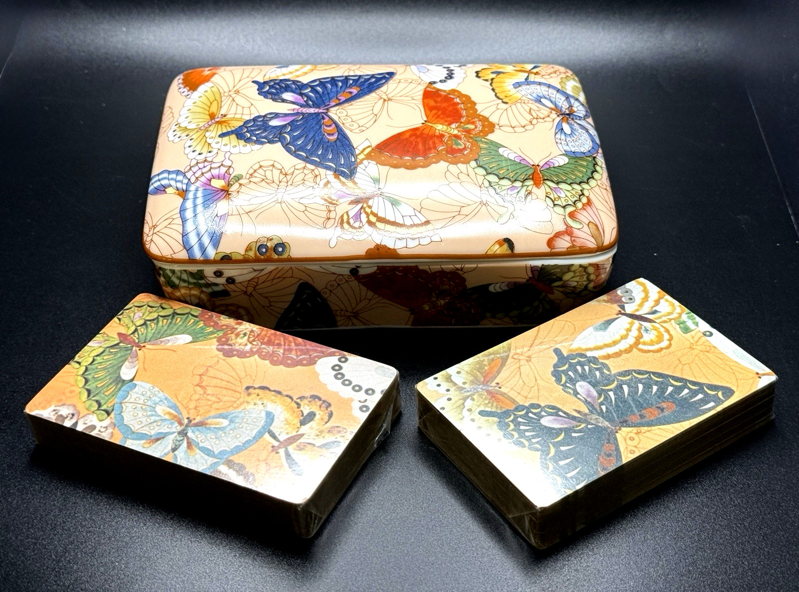 Vintage Butterfly Playing Cards Sealed Neiman Marcus Porcelain Trinket Dish